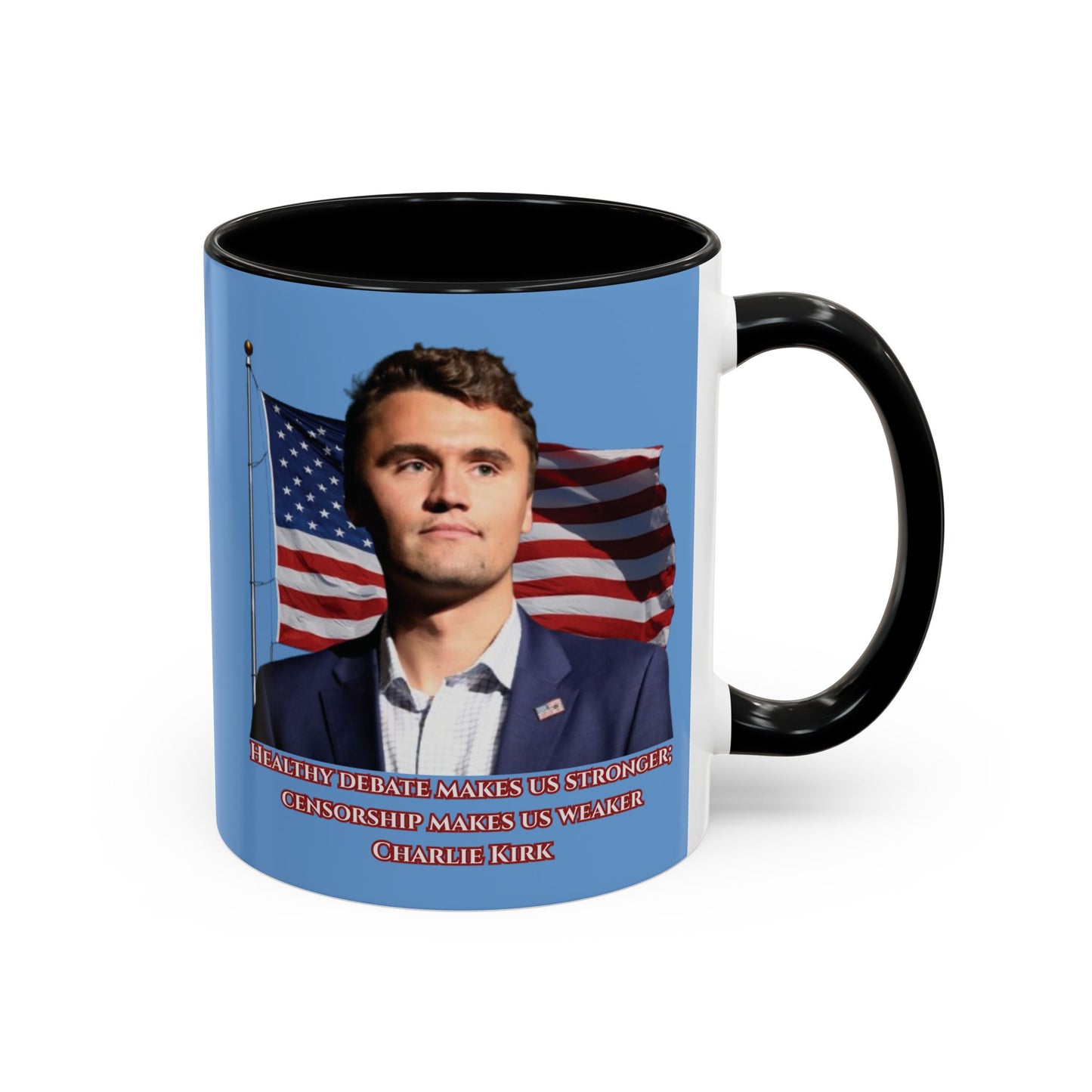 Charlie Kirk, Healthy Debate Light Blue Accent Mug by theGreenDragonTavern.shop