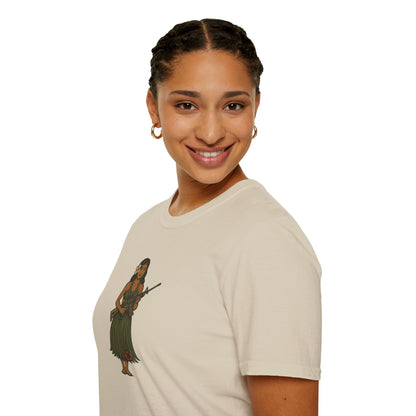 2-sided, Hula Girl Packin' Heat Light colors Unisex T-Shirt by theGreenDragonTavern.shop