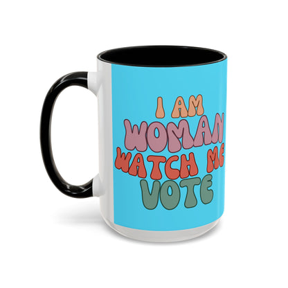 I Am Woman Watch Me Vote Light Blue Accent Mug by theGreenDragonTavern.shop