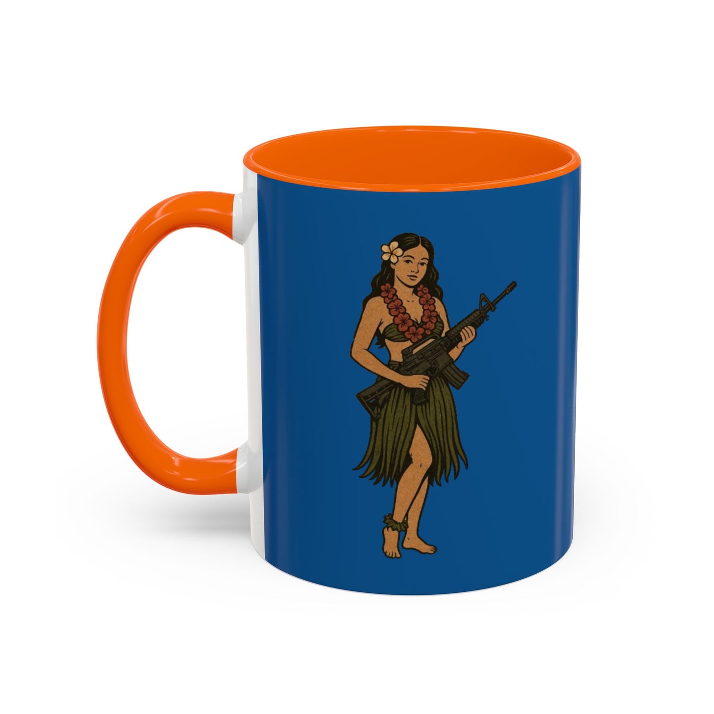 Hula Girl Packin' Heat Dark Blue Accent Mug by theGreenDragonTavern.shop
