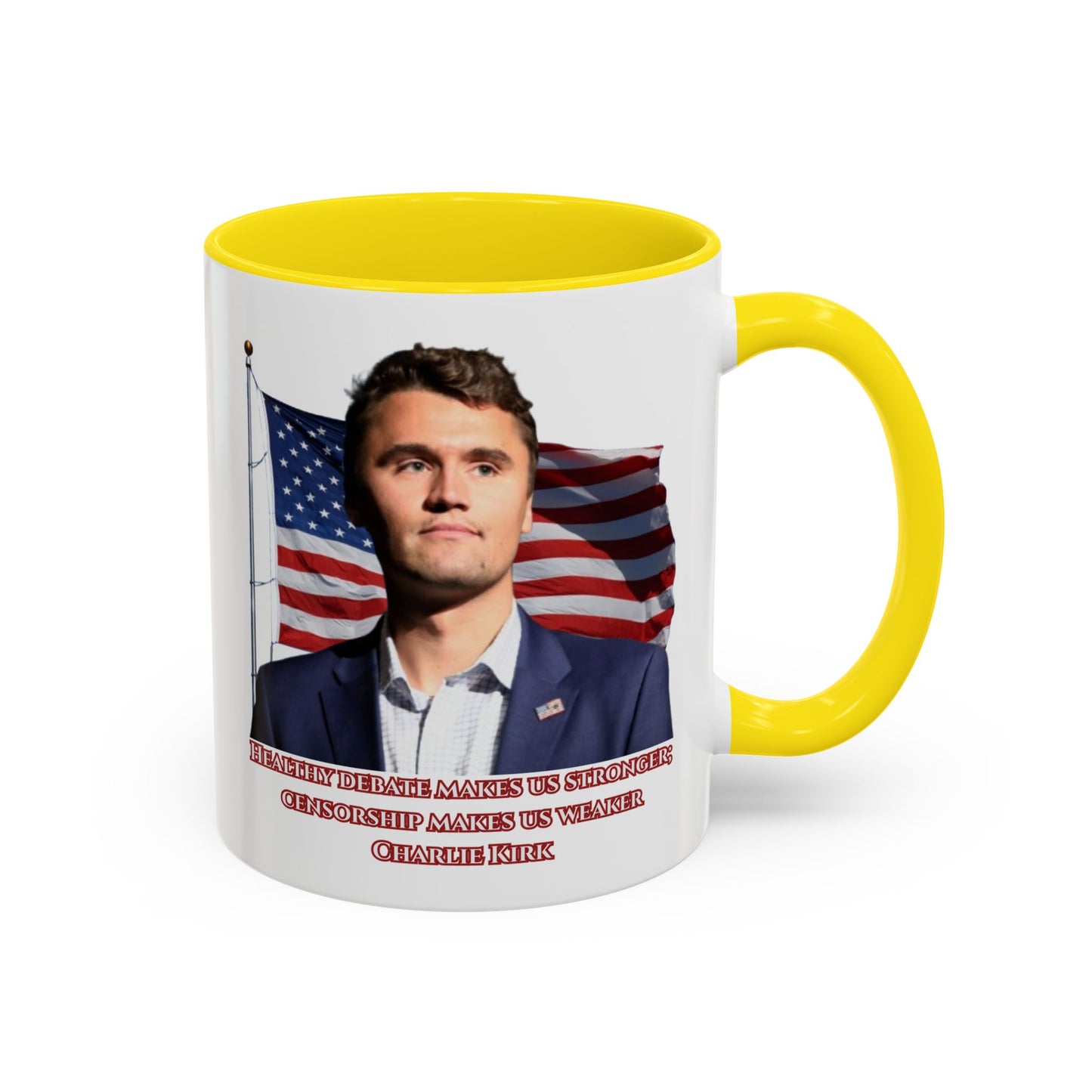 Charlie Kirk, Healthy Debate White Accent Mug by theGreenDragonTavern.shop