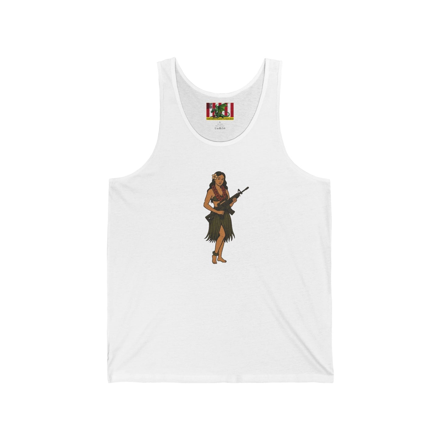 Hula Girl Packin' Heat Unisex Jersey Tank Top by theGreenDragonTavern.shop