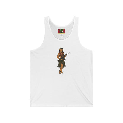 Hula Girl Packin' Heat Unisex Jersey Tank Top by theGreenDragonTavern.shop