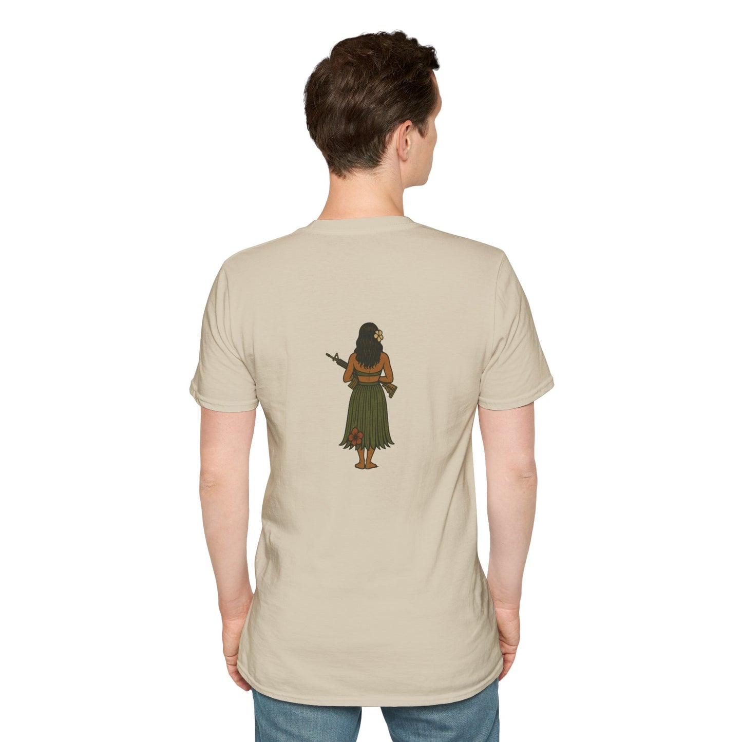 2-sided, Hula Girl Packin' Heat Light colors Unisex T-Shirt by theGreenDragonTavern.shop