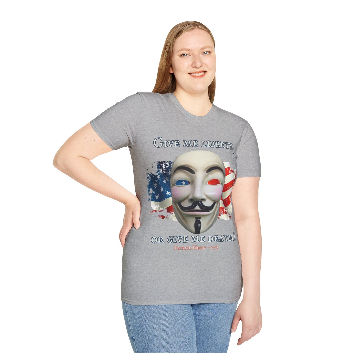Vendetta, "Give me liberty, or give me death!" Light colors Unisex T-Shirt by theGreenDragonTavern.shop