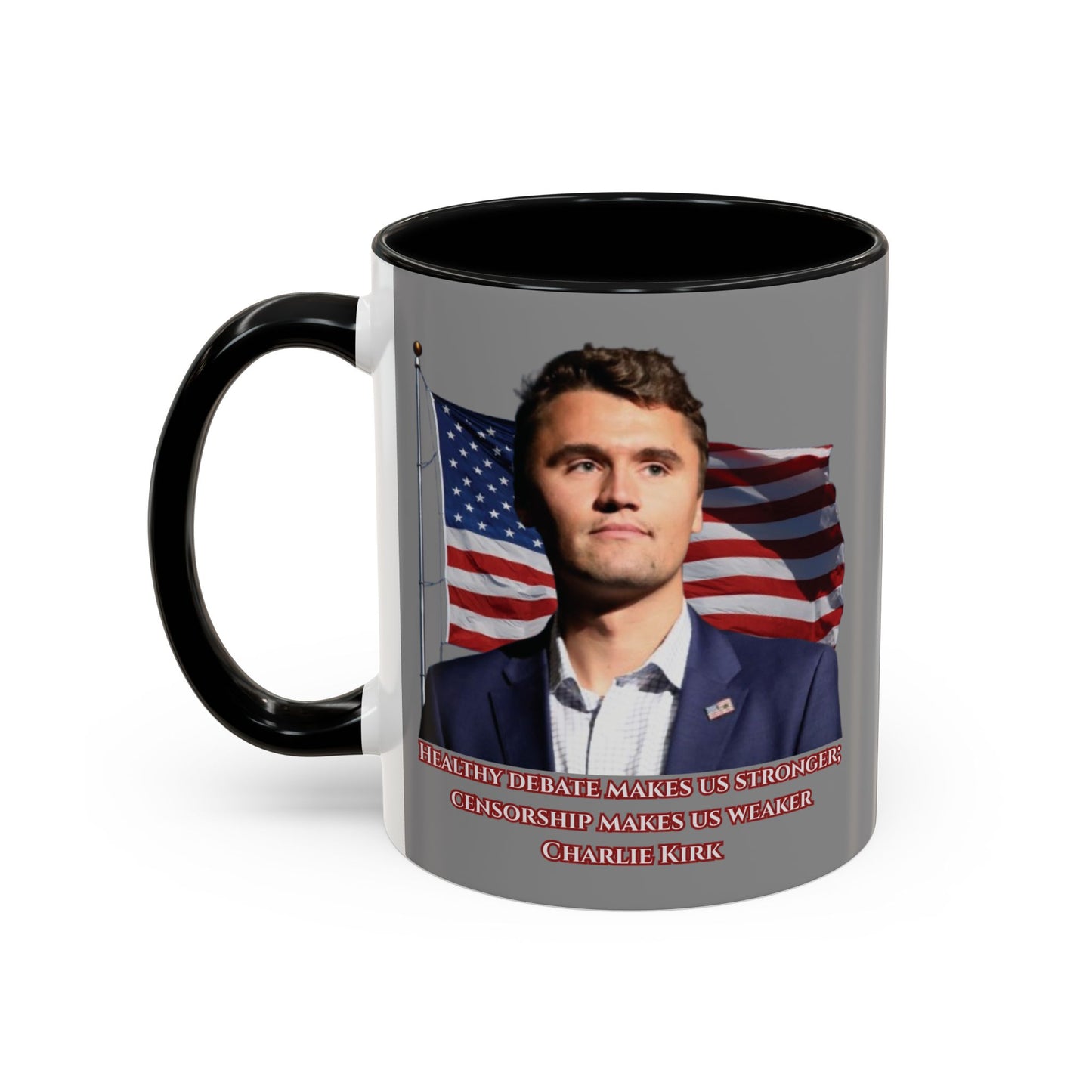 Charlie Kirk, Healthy Debate Grey Accent Mug by theGreenDragonTavern.shop