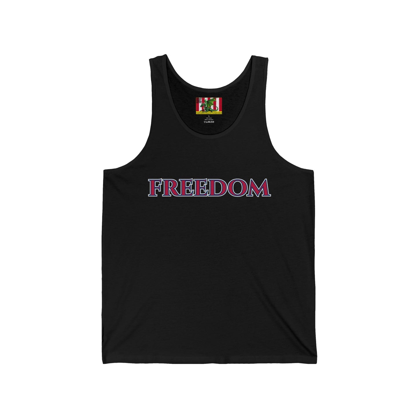 Freedom, Red font Unisex Jersey Tank Top by theGreenDragonTavern.shop