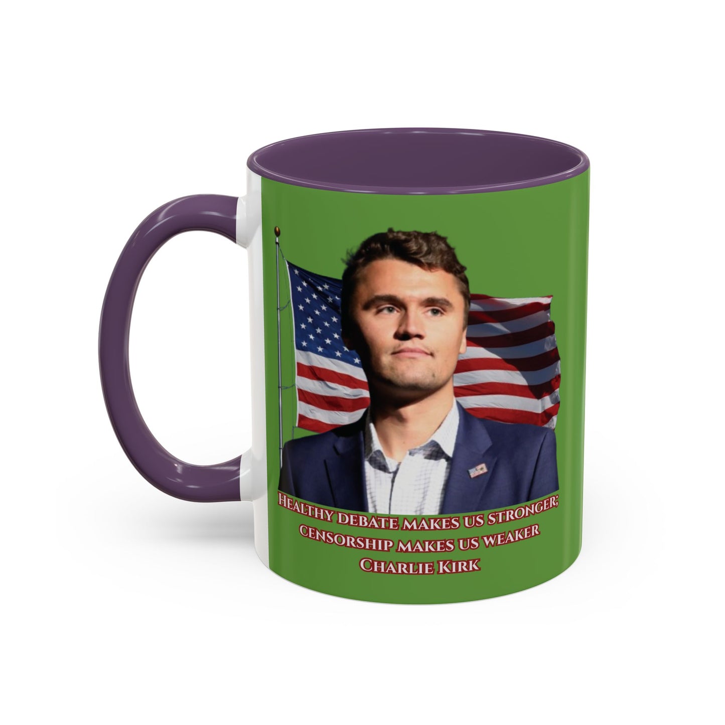 Charlie Kirk, Healthy Debate Green Accent Mug by theGreenDragonTavern.shop