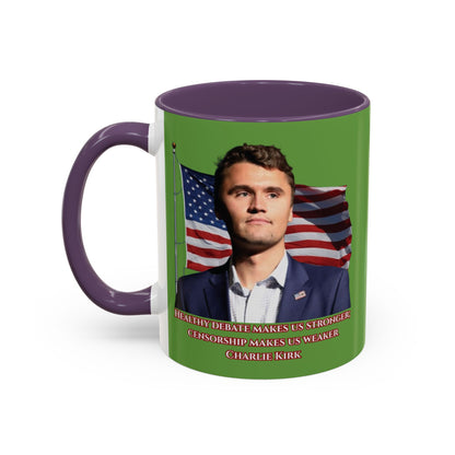 Charlie Kirk, Healthy Debate Green Accent Mug by theGreenDragonTavern.shop