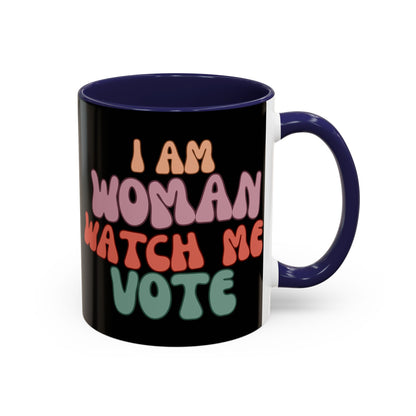 I Am Woman Watch Me Vote Black Accent Mug by theGreenDragonTavern.shop
