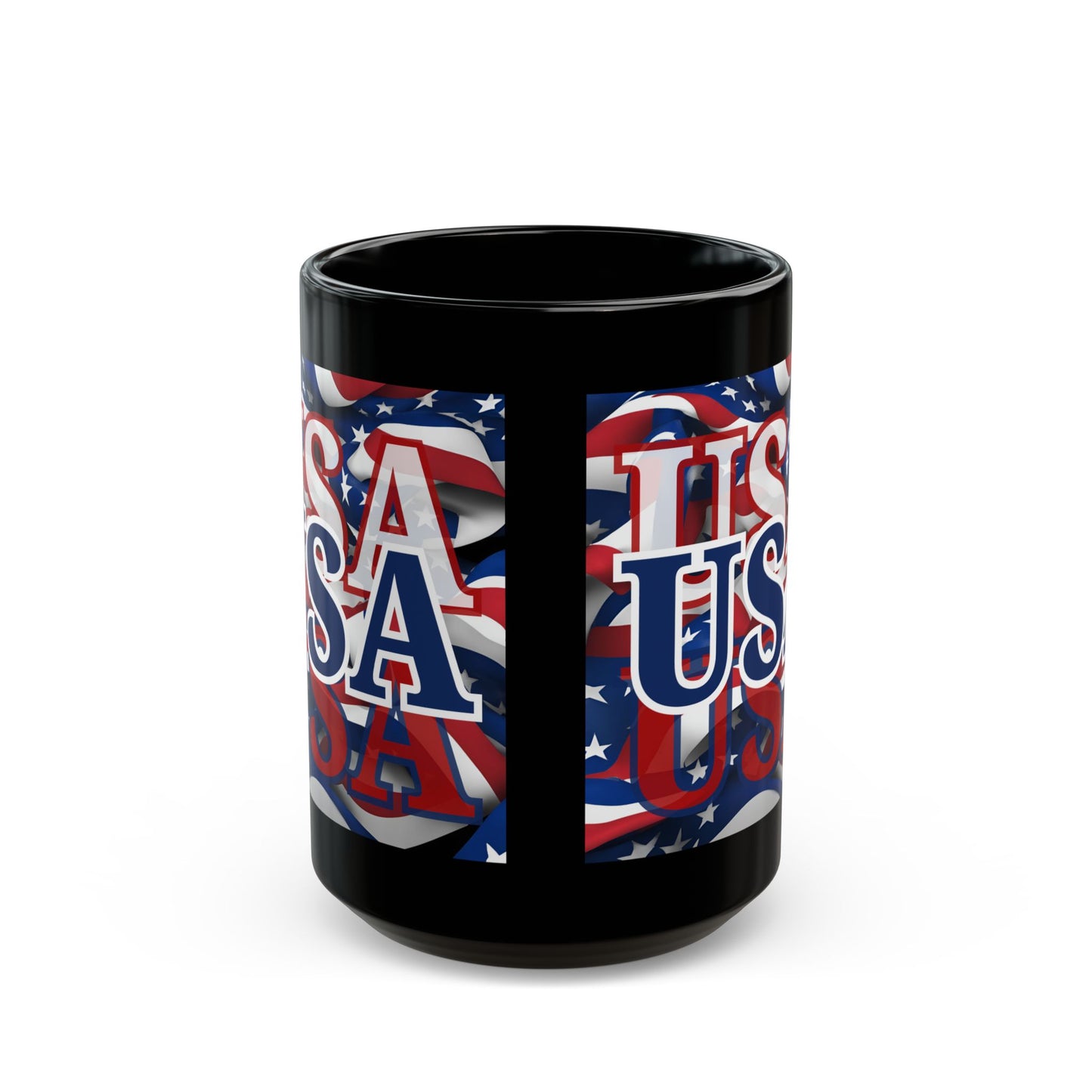 USA Blue font Center Patriot Black Mug by theGreenDragonTavern.shop