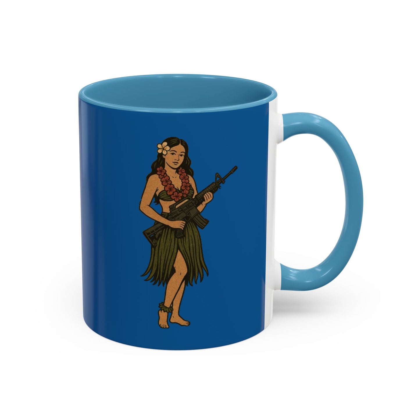 Hula Girl Packin' Heat Dark Blue Accent Mug by theGreenDragonTavern.shop