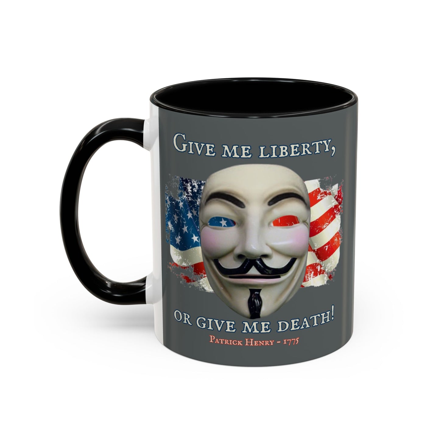 Vendetta, "Give me liberty, or give me death!" Grey Accent Mug by theGreenDragonTavern.shop