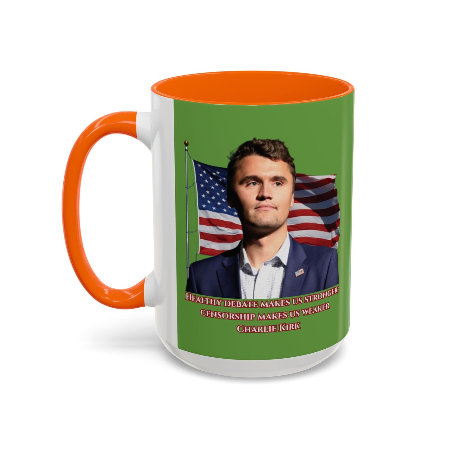 Charlie Kirk, Healthy Debate Green Accent Mug by theGreenDragonTavern.shop