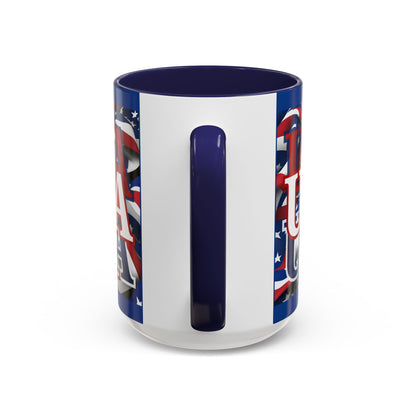 USA White font Center Patriot Blue Accent Mug by theGreenDragonTavern.shop
