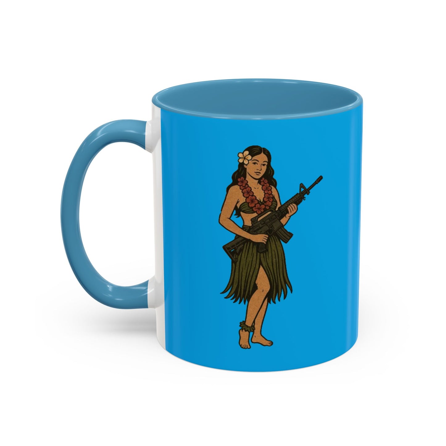 Hula Girl Packin' Heat Light Blue Accent Mug by theGreenDragonTavern.shop