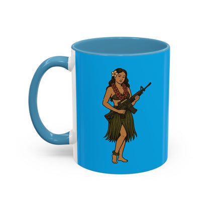 Hula Girl Packin' Heat Light Blue Accent Mug by theGreenDragonTavern.shop