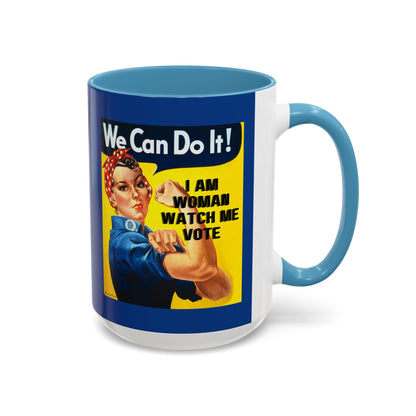I Am Woman Watch Me Vote Rosie Dark Blue Accent Mug by theGreenDragonTavern.shop